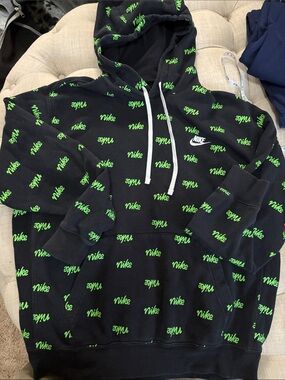 Nike Black Hoodie with Neon Green Script Allover and White Drawcords